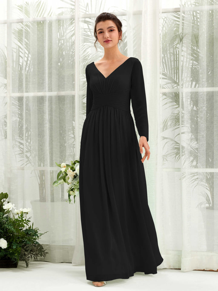 Ball Gown V-neck Long Sleeves Chiffon Bridesmaid Dress - Black (81220315)