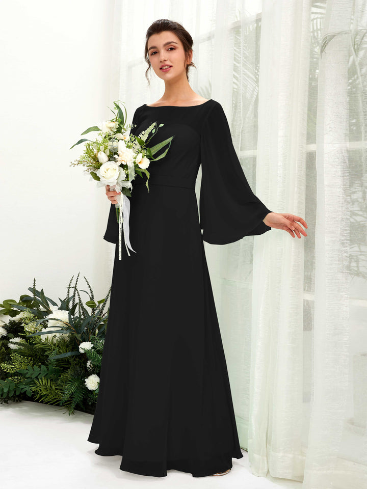 Bateau Illusion Long Sleeves Chiffon Bridesmaid Dress - Black (81220515)