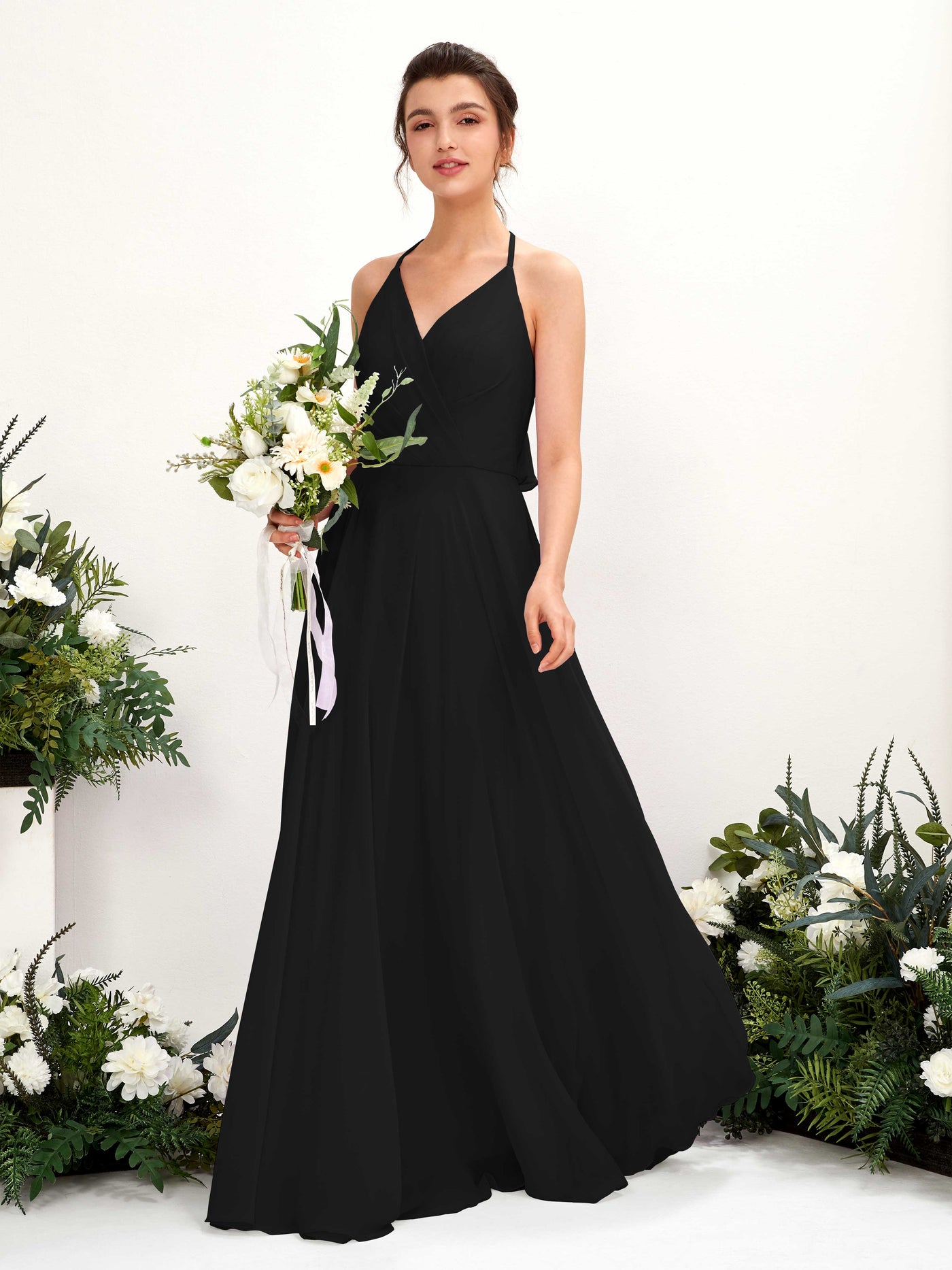 Halter V-neck Sleeveless Chiffon Bridesmaid Dress - Black (81221015)#color_black