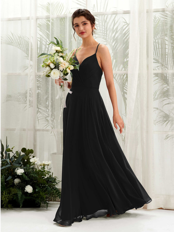 Spaghetti-straps V-neck Sleeveless Bridesmaid Dress - Black (81224215)