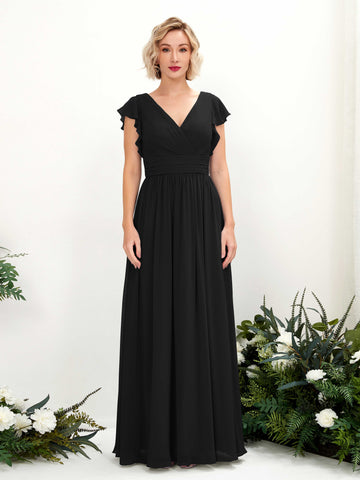 Carlyna Grino A-Line Black Bridesmaid Dress Maxi Cap Sleeve V-Neck Dress #color_black