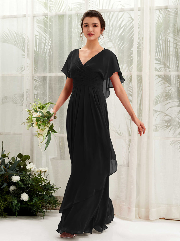 V-neck Short Sleeves Chiffon Bridesmaid Dress - Black (81226115)