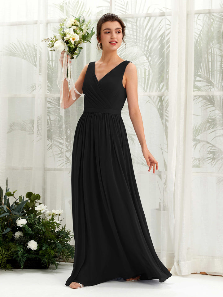 V-neck Sleeveless Chiffon Bridesmaid Dress - Black (81223615)