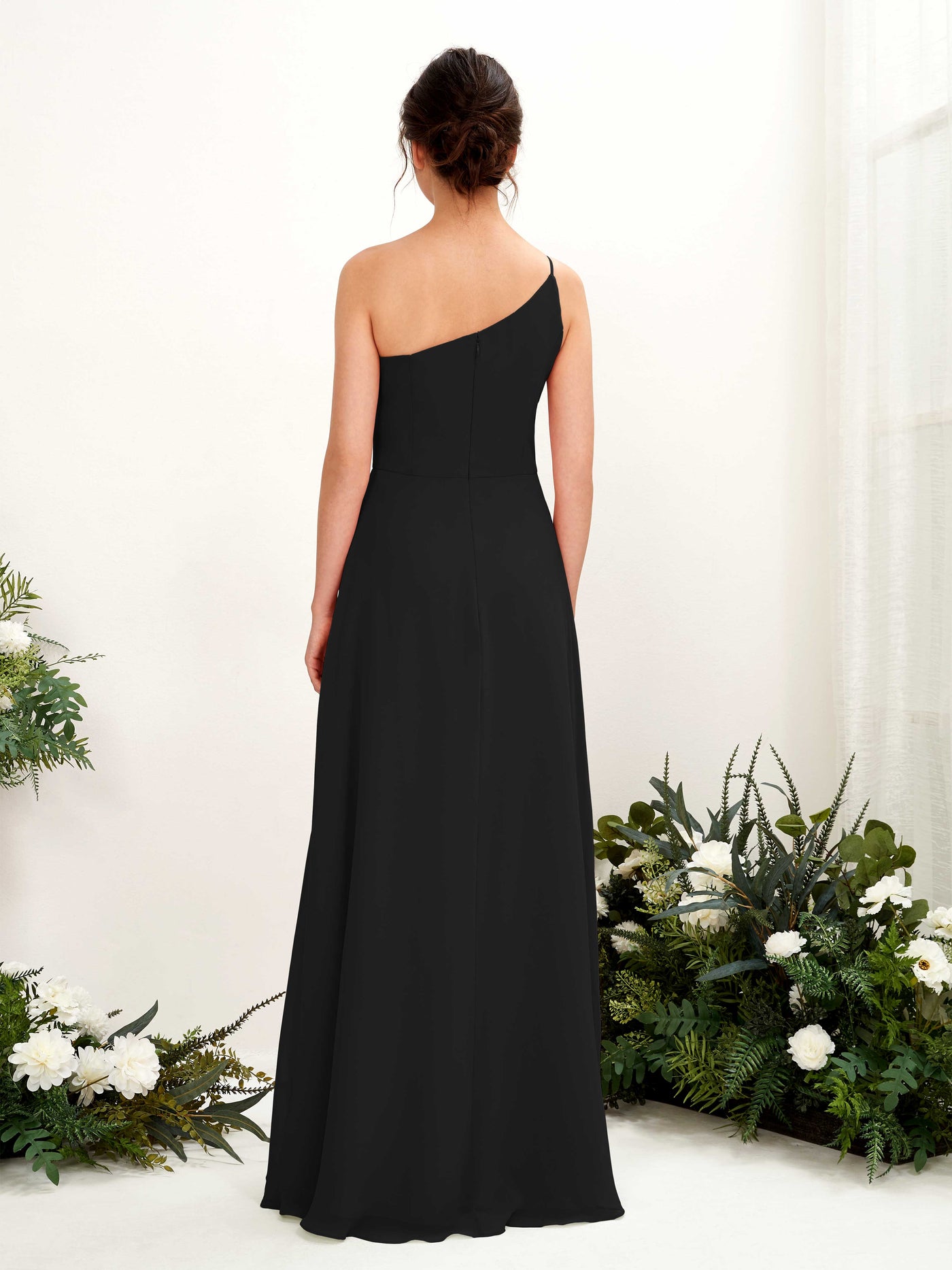 Carlyna Crystal A-Line Black Bridesmaid Dress Maxi Sleeveless One Shoulder Dress #color_black