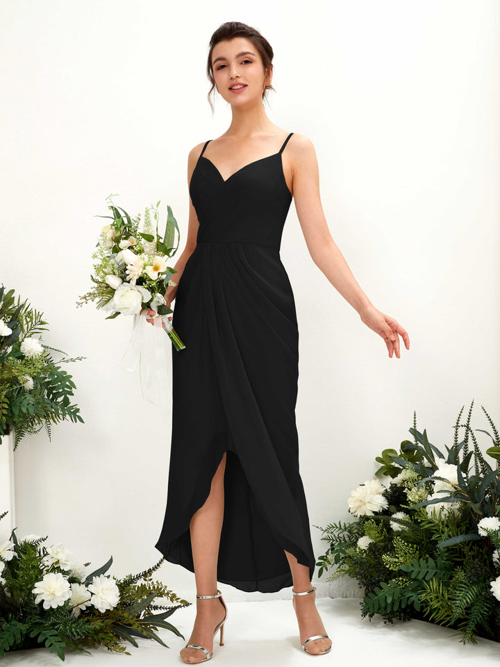 Spaghetti-straps V-neck Sleeveless Chiffon Bridesmaid Dress - Black (81221315)