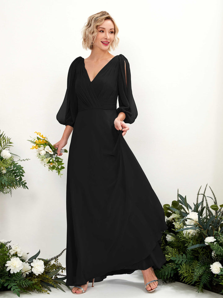 V-neck 3/4 Sleeves Chiffon Bridesmaid Dress - Black (81223515)