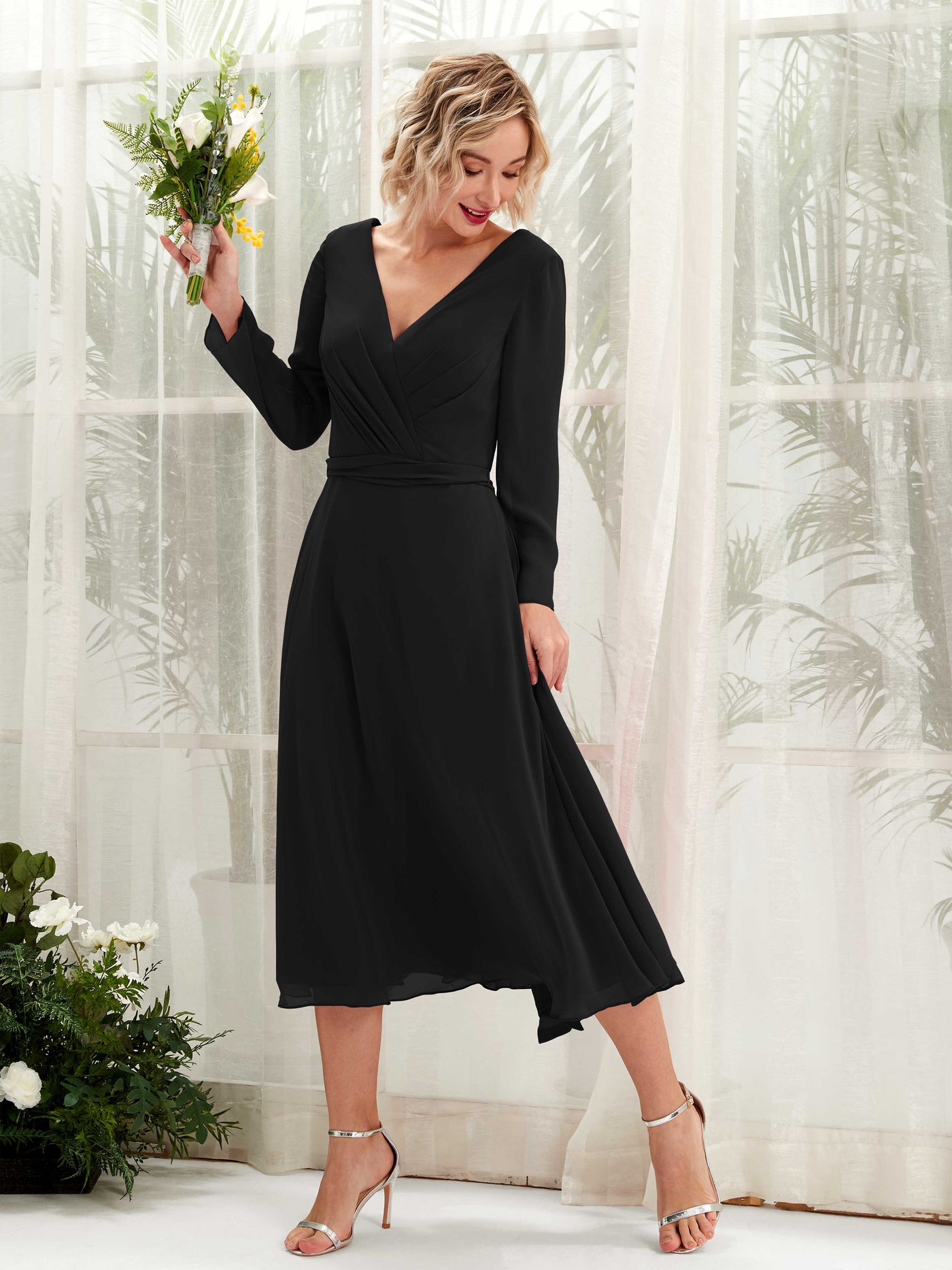 Carlyna Joanna A-Line Black Bridesmaid Dress Midi Long Sleeve V-Neck  #color_black