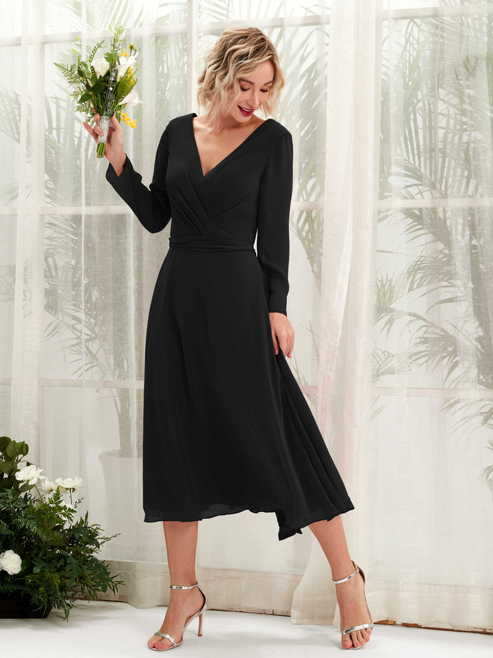 V-neck Long Sleeves Chiffon Bridesmaid Dress - Black (81223315)