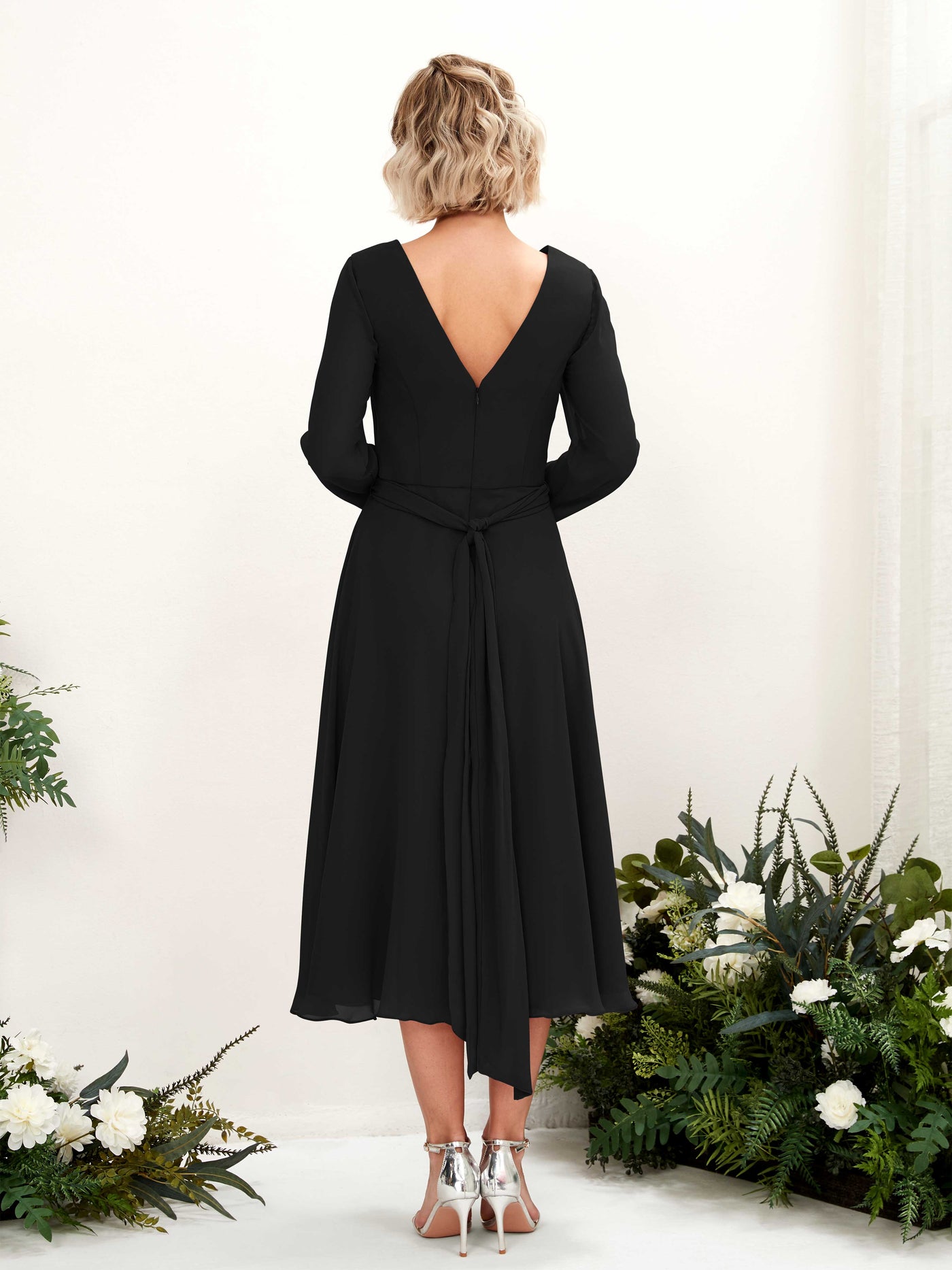 Carlyna Joanna A-Line Black Bridesmaid Dress Midi Long Sleeve V-Neck  #color_black