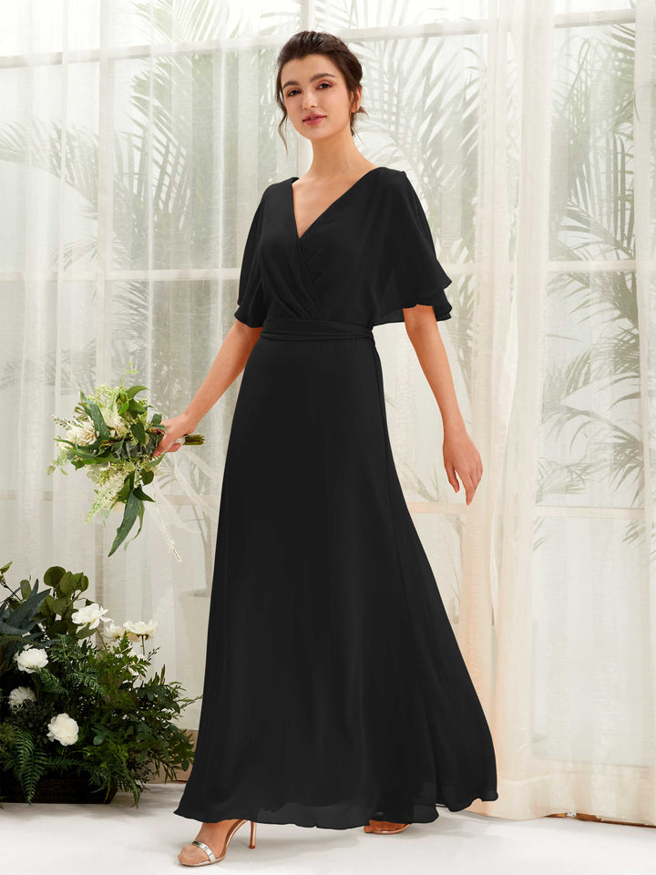 V-neck Short Sleeves Chiffon Bridesmaid Dress - Black (81222415)