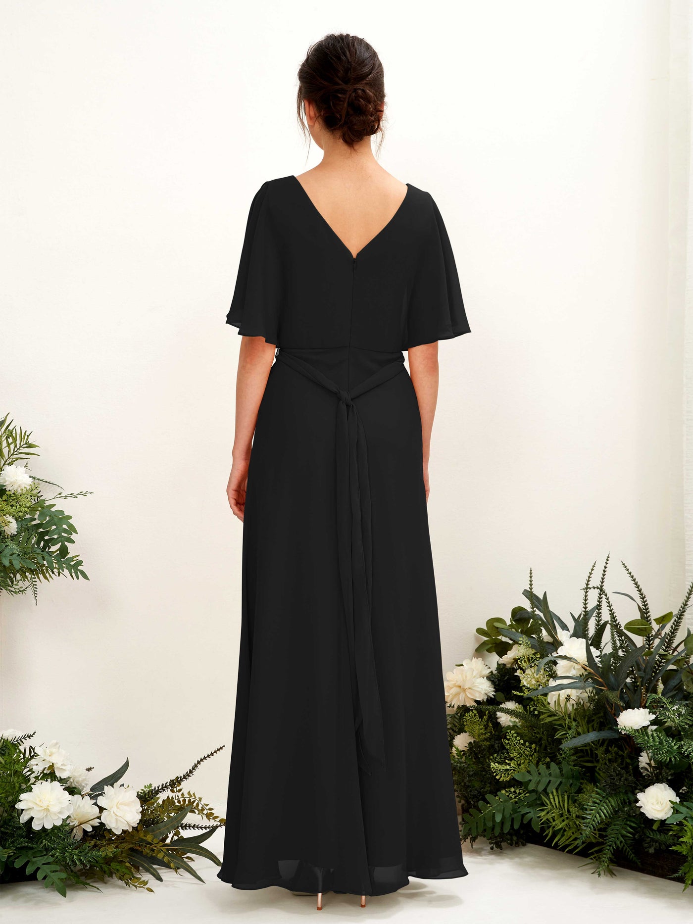 Carlyna Merta A-Line Black Bridesmaid Dress Maxi Short Sleeve V-Neck Dress #color_black