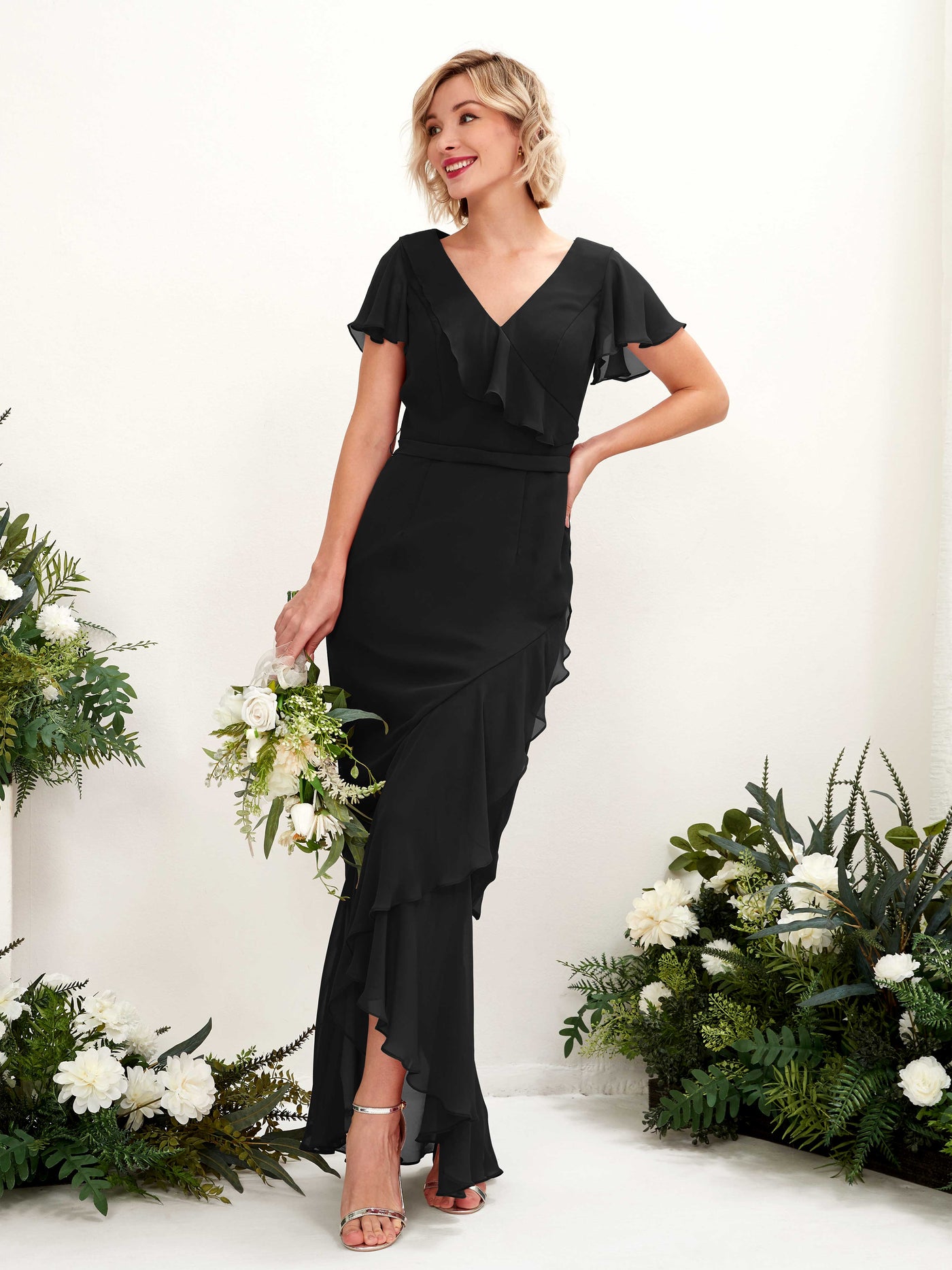 V-neck Short Sleeves Chiffon Bridesmaid Dress - Black (81226215)#color_black