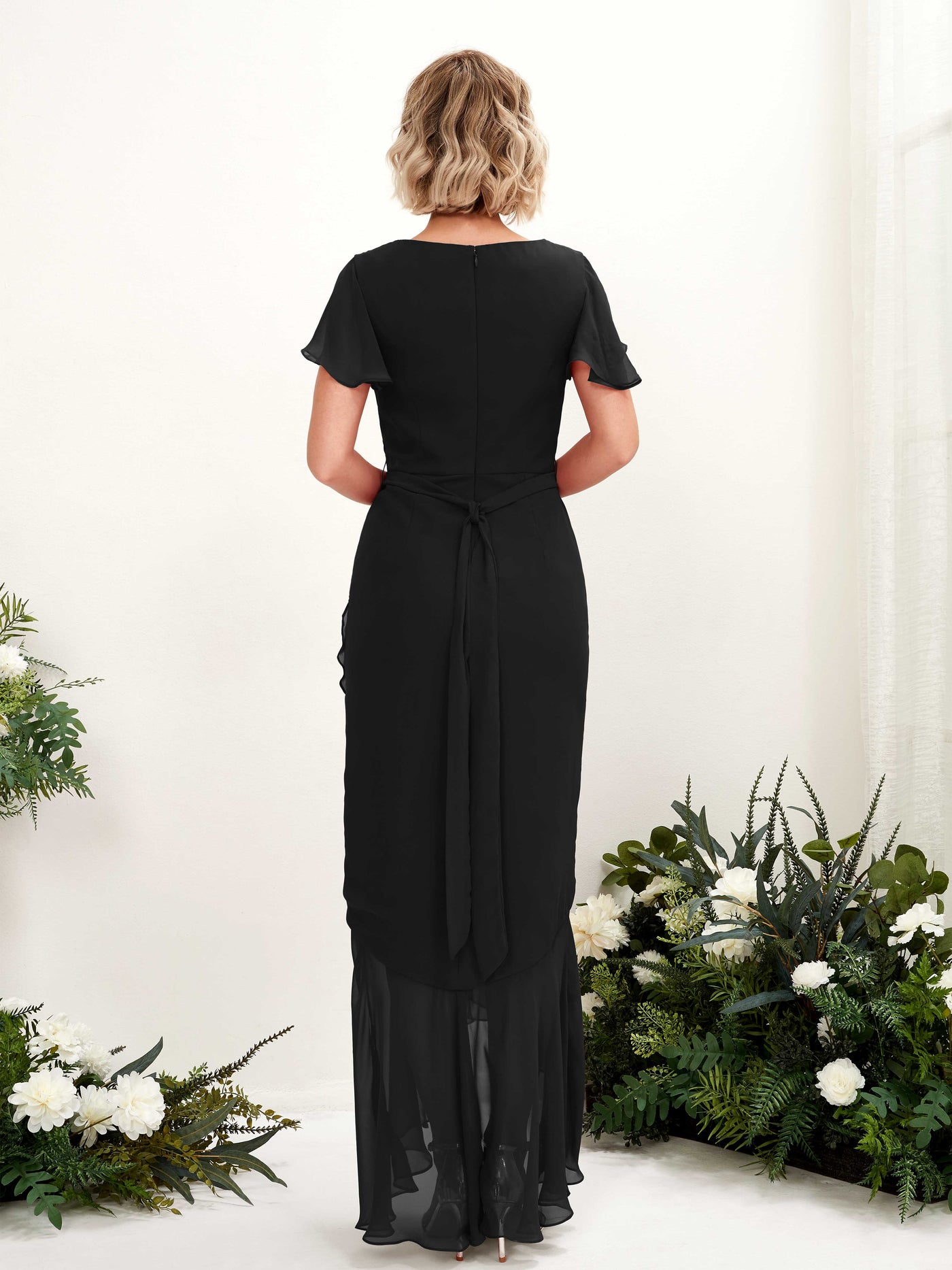 Carlyna Eartha Mermaid Black Bridesmaid Dress Maxi Cap Sleeve V-Neck Dress #color_black